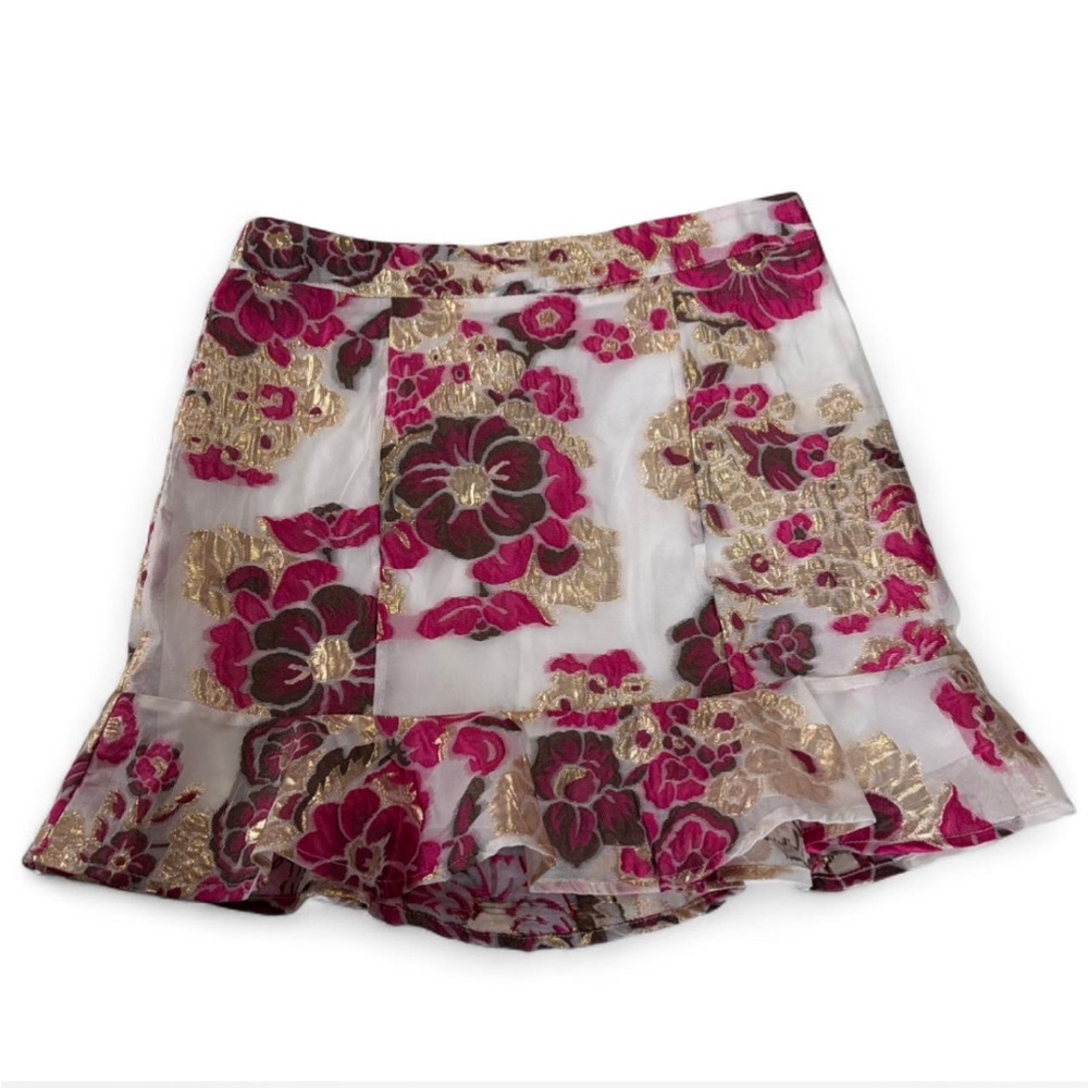 TCEC Floral Metallic Mini Skirt Pink & Gold Embroidered Organza Size Medium